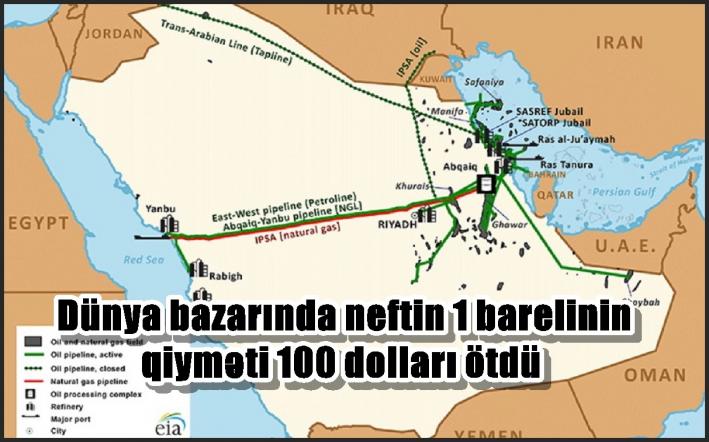 Dünya bazarında neftin 1 barelinin qiyməti 100 dolları ötdü